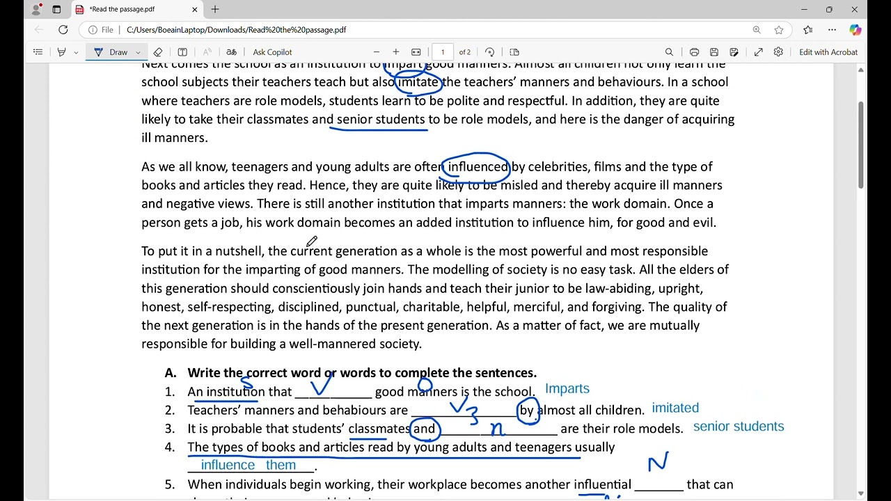 Read the passage (example from unit 1) Grade 12