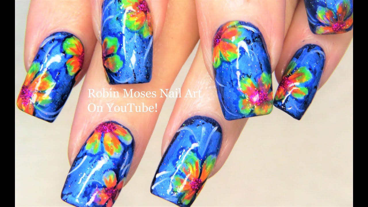 Denim Foil Nails | Rainbow Blue Jean Flower Nail Art Design