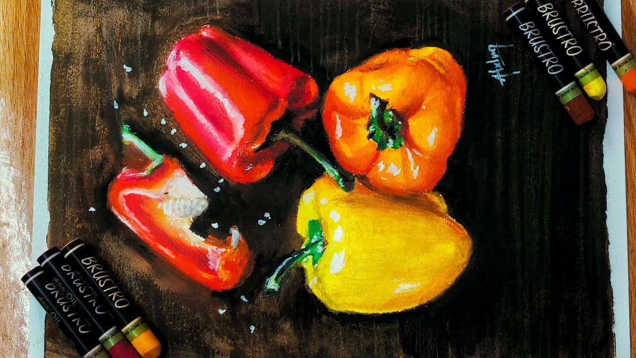 Oil Pastel Still Life | Bell Peppers Realistic Drawing | step by step 