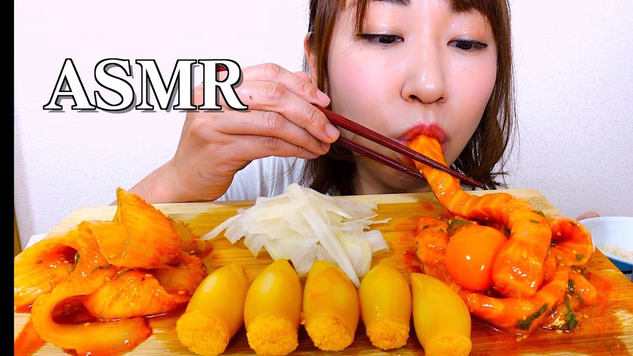 【ASMR】サーモン麺とえんがわ麺と子持ちヤリイカを食べる音【咀嚼音】