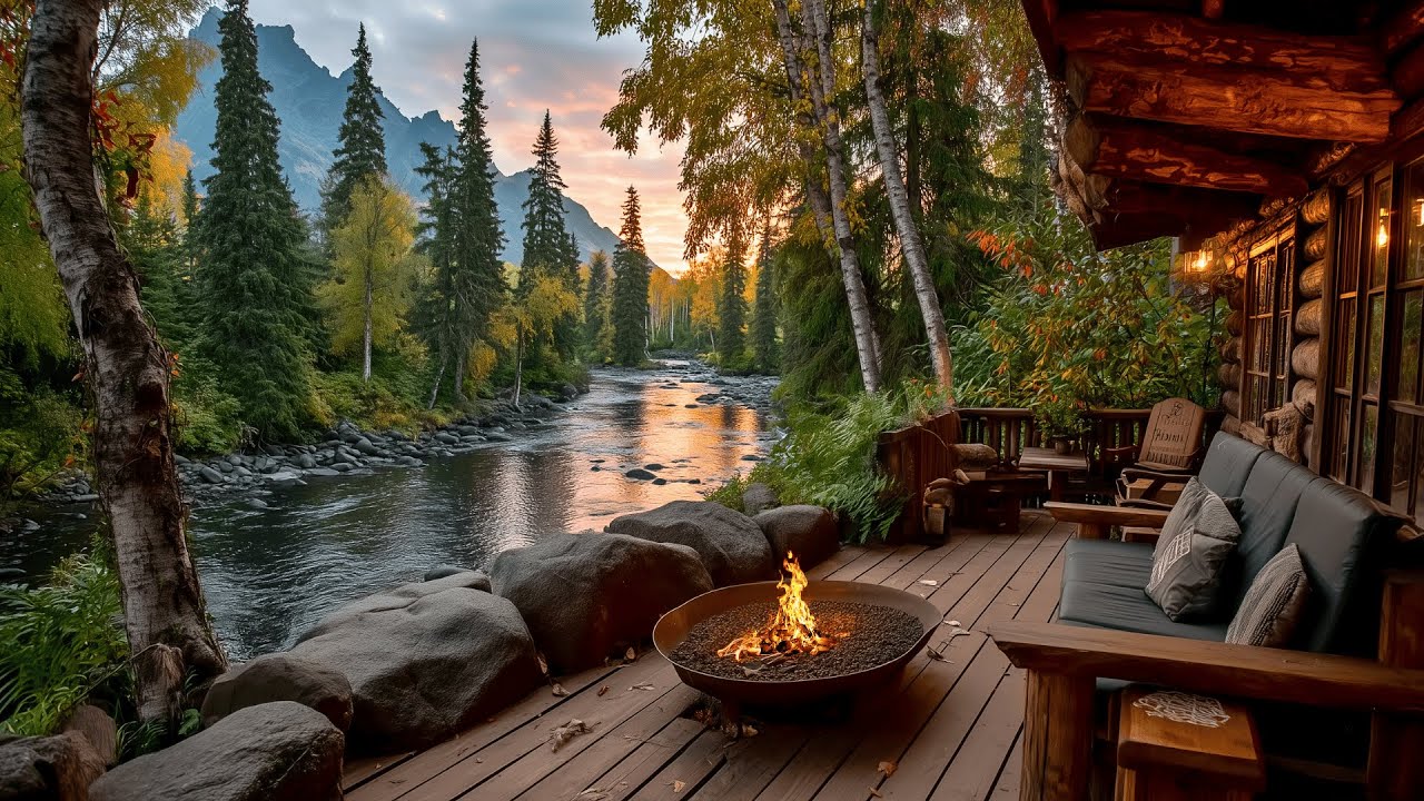 Cozy Riverside Cabin Porch | Nature Sounds & Campfire Ambience