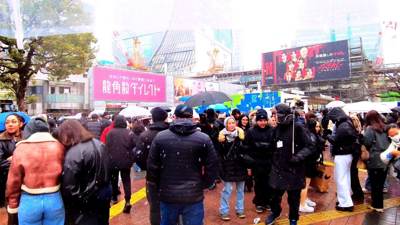 Walking Tour in Shibuya in  snow falling 2026. Tokyo, Japan. 