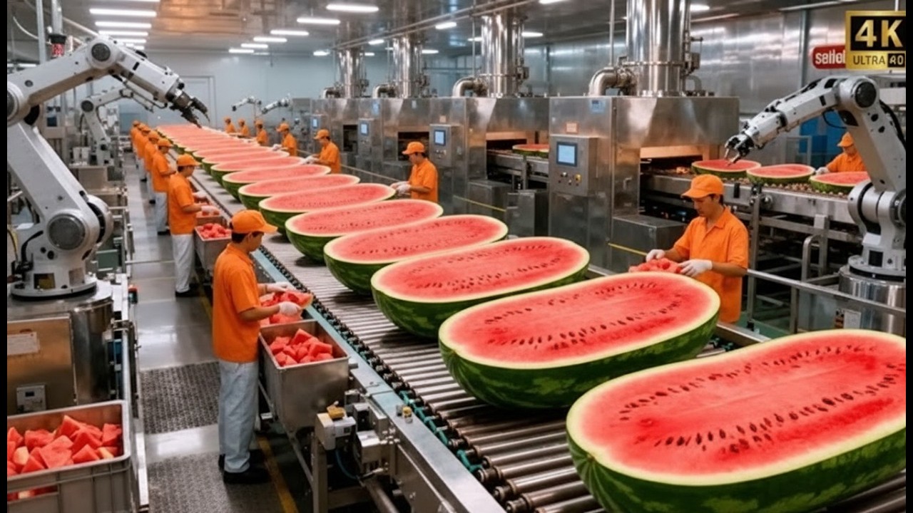 Inside a Modern Watermelon Processing Plant: From Whole Melons to Sweet Red Juice (Full Process)