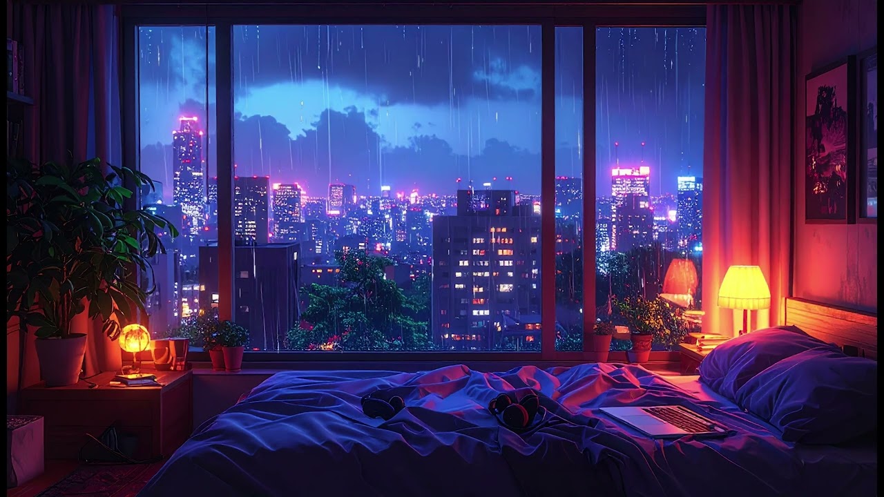 Cozy Bedroom Window Lofi - Study & Work - 1 Hour - Rain Ambience