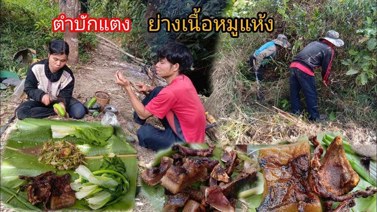 ถางหญ้าไร่ใกล้จะเสร็จแล้วครับ ตำบักแตง ย่างหนังหมู ลวกผักกาด-บ่าวยืง