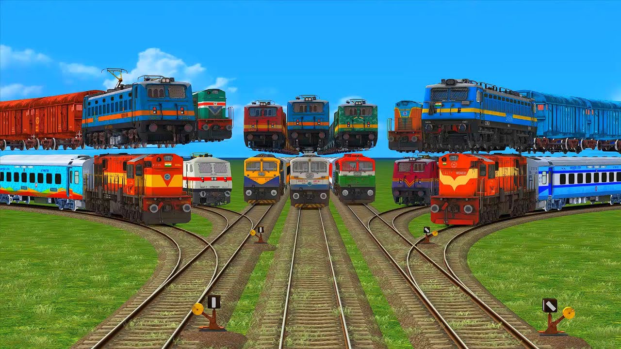 14 COLORFUL TRAINS CRAZY FLYING AND CROSSING ON TOP OTHER TRAIN AT SAME LINE TRACK 