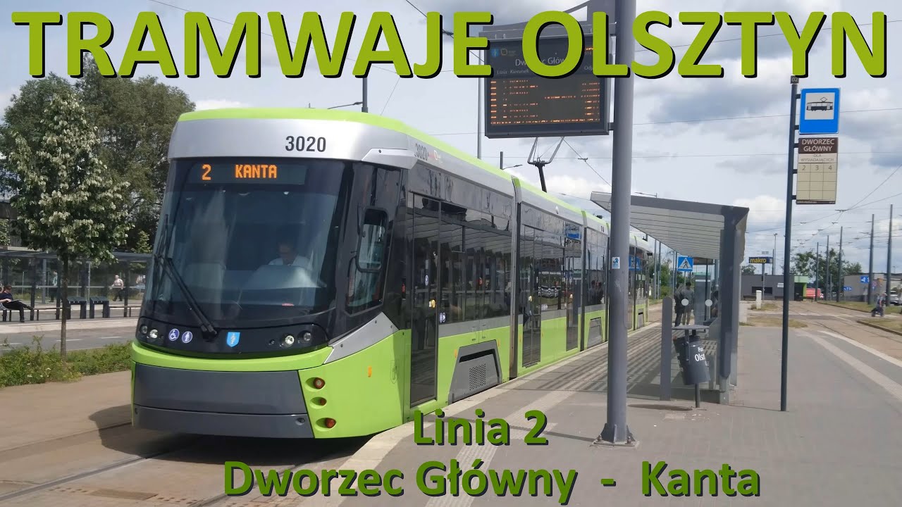 Tramwaje Olsztyn. Linia 2 Dworzec Główny - Kanta/Cabview. Tram line 2 in Olsztyn (Poland). 4K