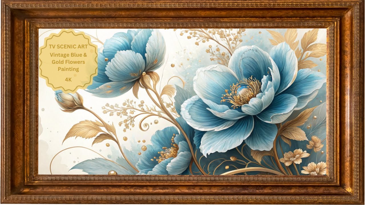 Vintage Blue & Gold Flowers Painting | TV Art With Frame | 4K Art Screensaver for TV | 3 H of Relax