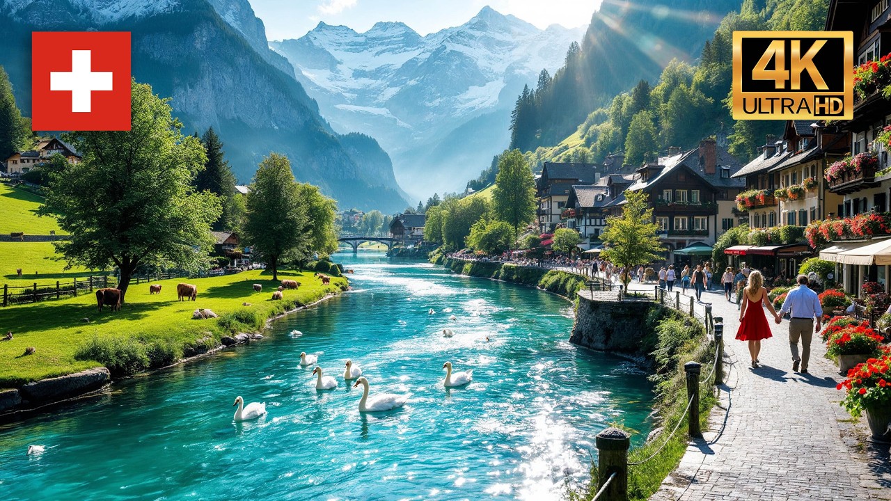 4K Interlaken, Switzerland - Sunny Walk in Europe’s Most Beautiful Village