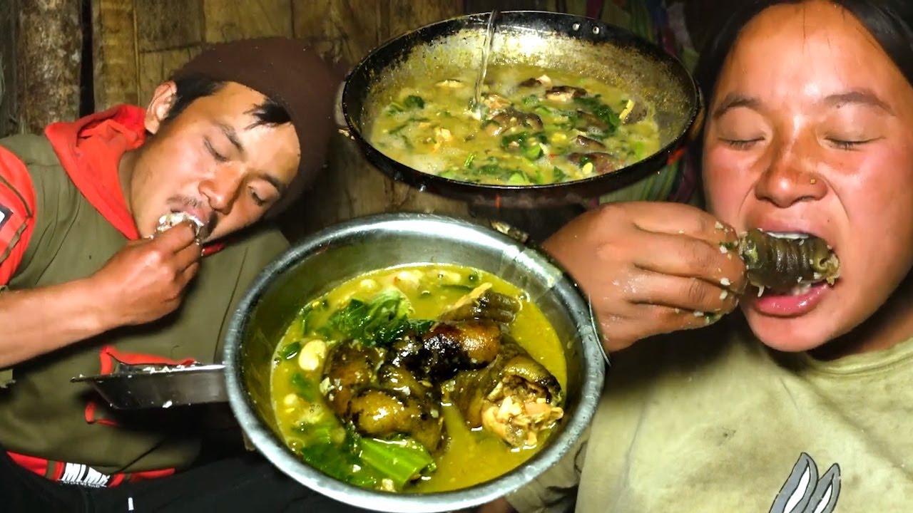 Buff legs and green leaf vegetable soup at meal || Nepali village food