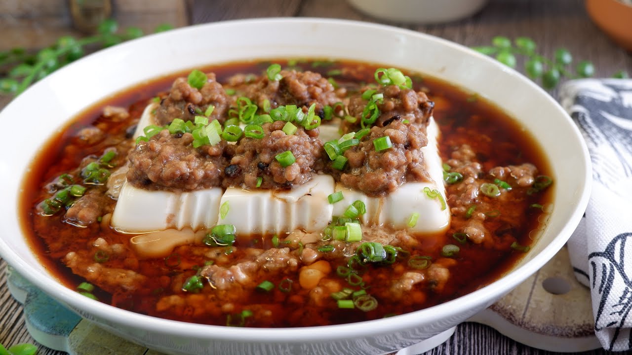 Super Yummy Steamed Tofu in Minced Pork Sauce 豆腐蒸肉饼 Chinese Beancurd Recipe