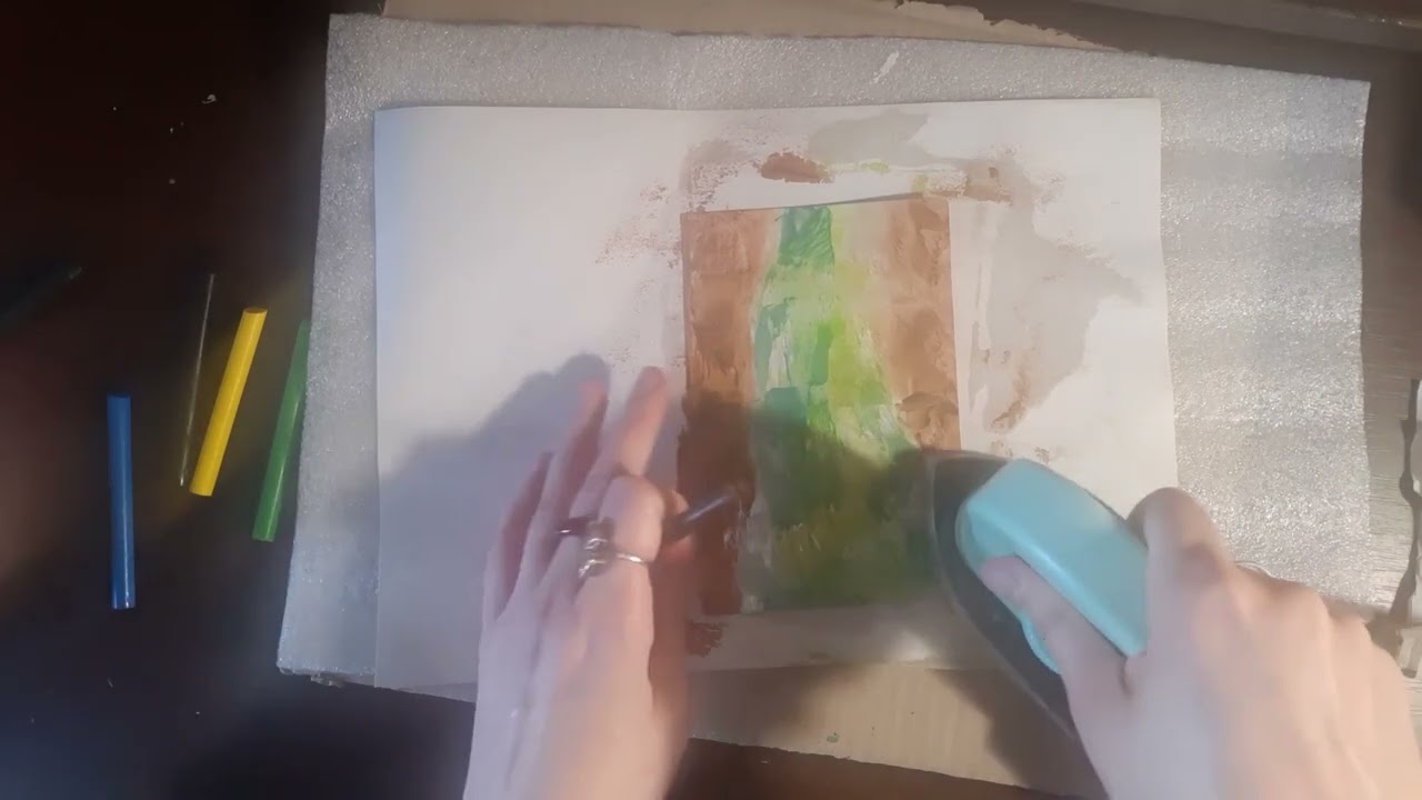 I paint a landscape with a waterfall with hot wax and an iron. Encaustic. Art.
