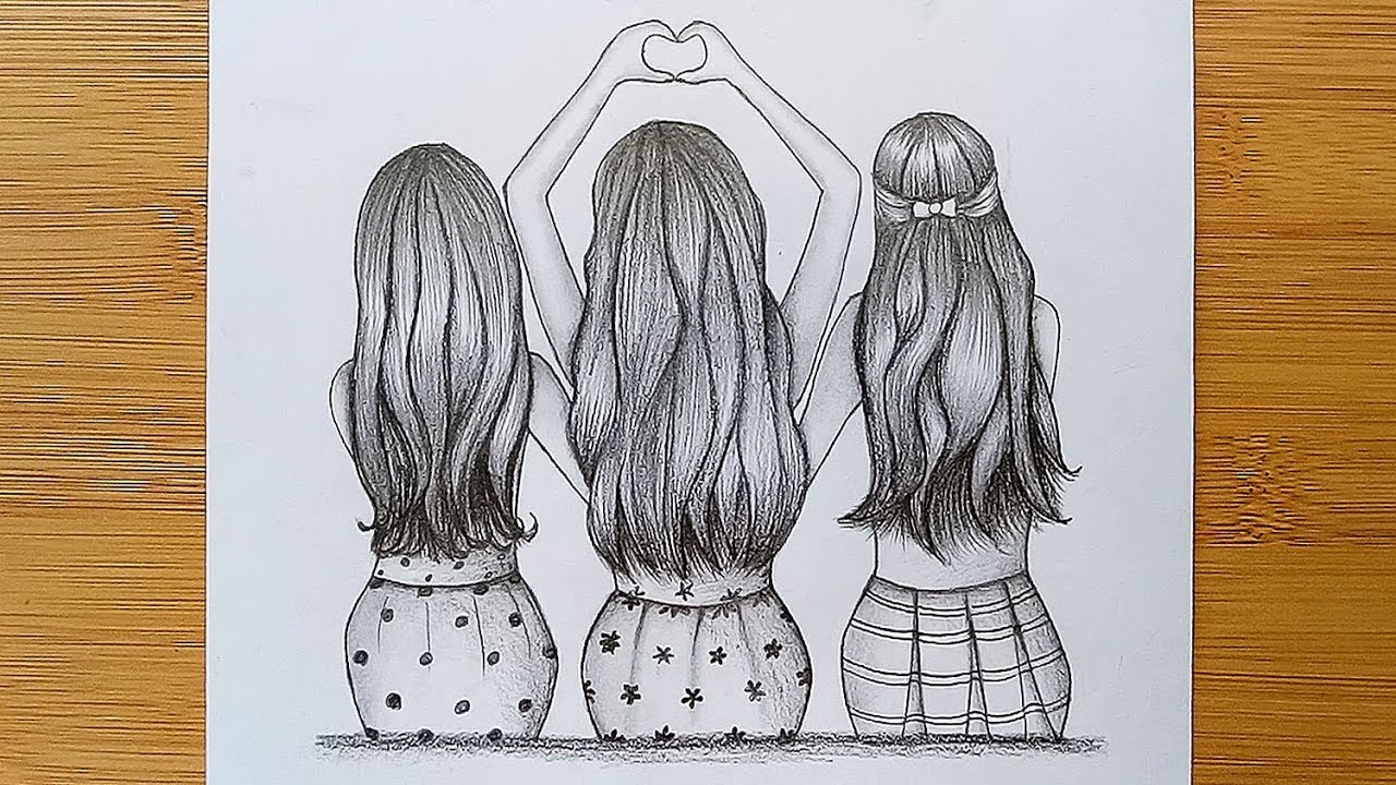 Best friends tutorial with pencil sketch//How to draw Three Friends Hugging Each Other