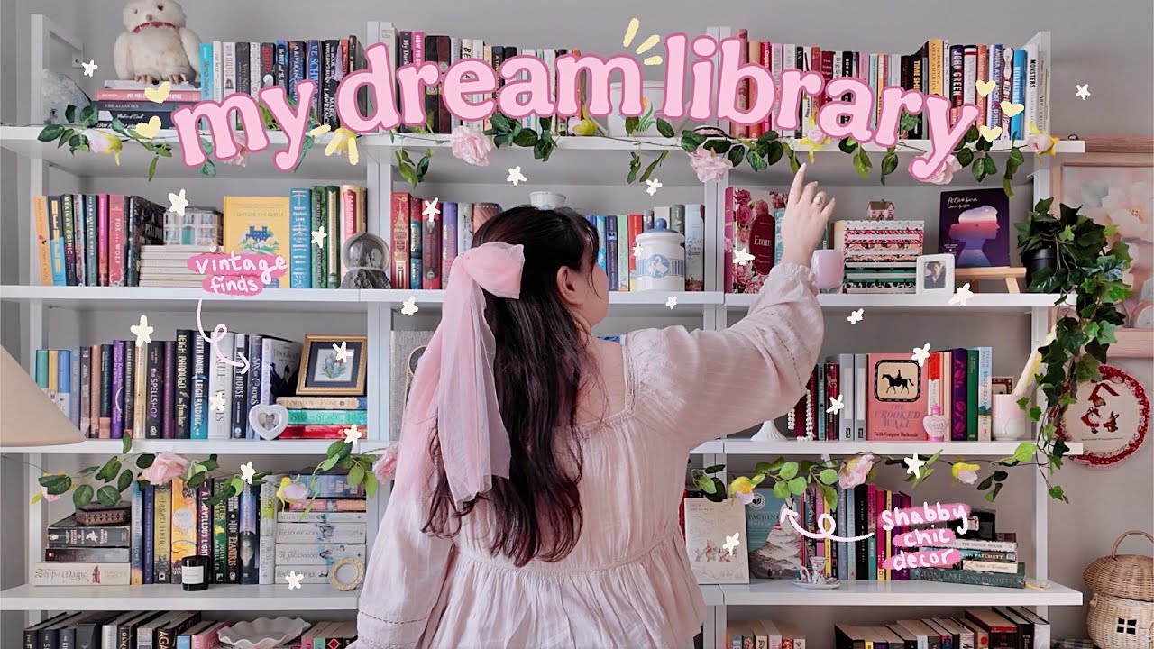 creating my dream home library 🎀🦢 organize & decorate my shabby chic bookshelves with me