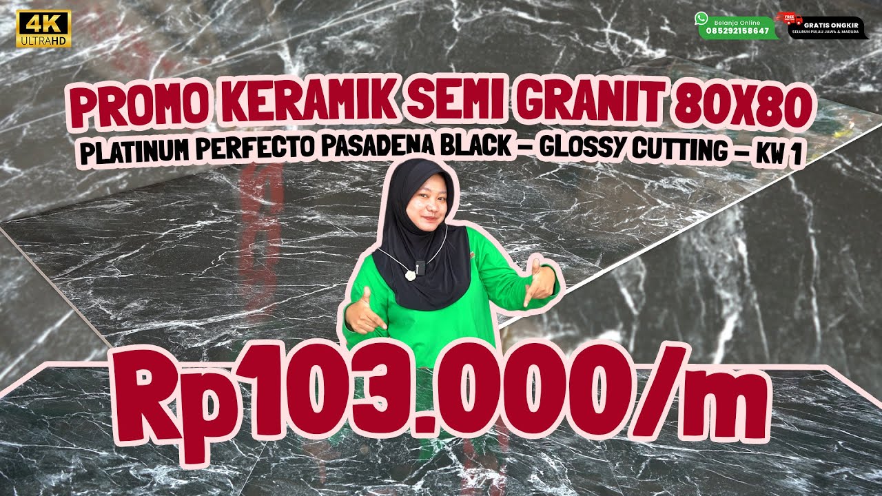 KERAMIK BIG SIZE MOTIF MARMER WARNA HITAM, 80X80 BODY PUTIH SEMI GRANIT - PLATINUM PASADENA BLACK