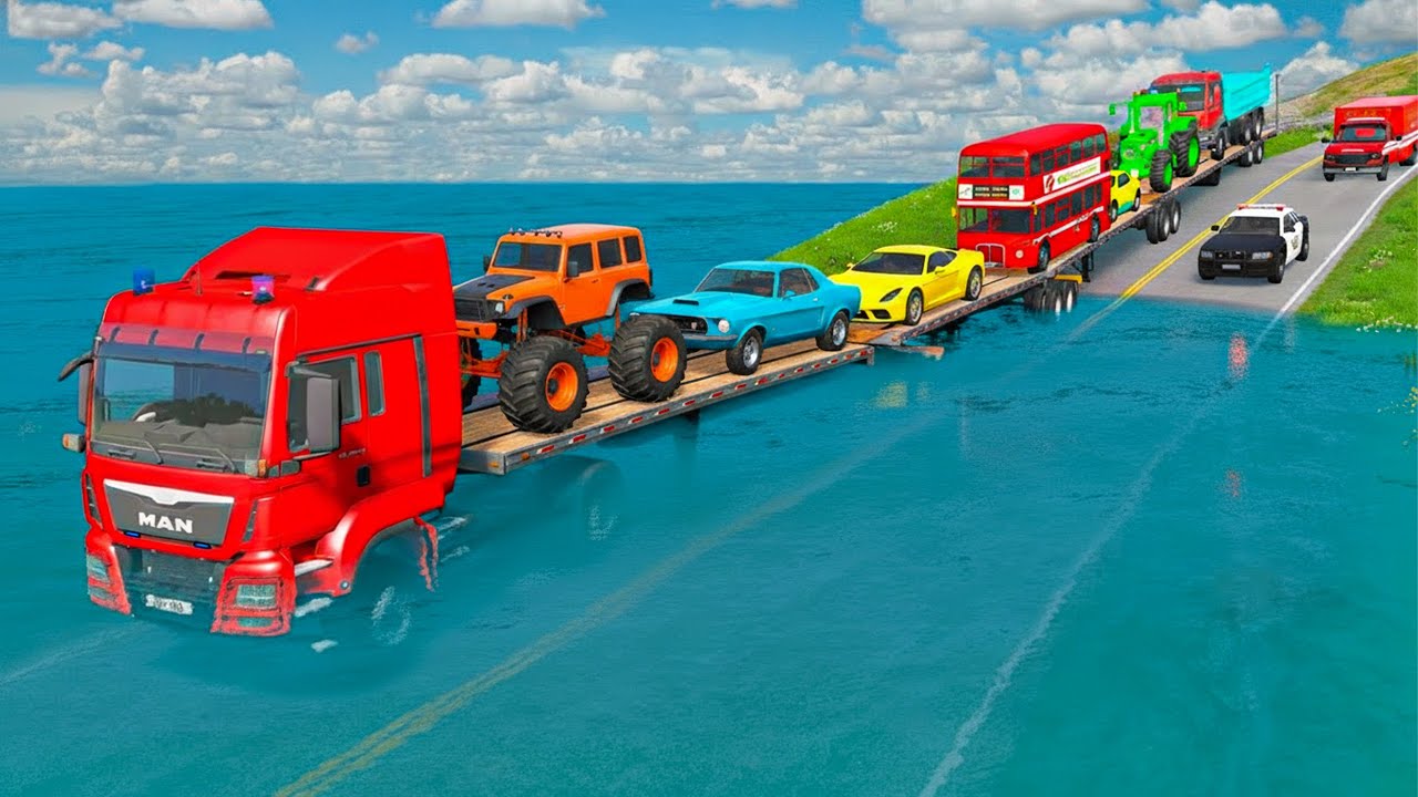 Triple Flatbed Trailer McQueen Transportation with Truck - Speedbumps vs Cars vs Train - BeamNG #9