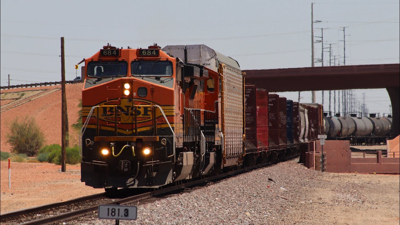 BNSF 684 H2 C44-9W Leads the Y-PHX1681-31S out of Glendale, AZ w/ RS3L on 05/31/2024