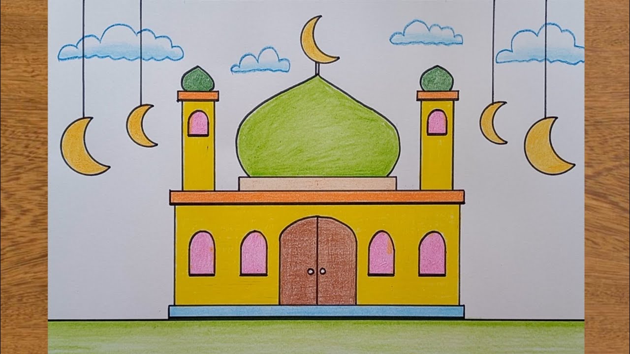 Menggambar Masjid Tema Idul Adha || Cara Menggambar Masjid Yang Mudah
