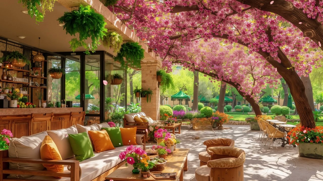 February Spring Jazz Piano 🌸 Relaxing Outdoor Cafe Ambience with Nature Sounds for Focus & Good Mood