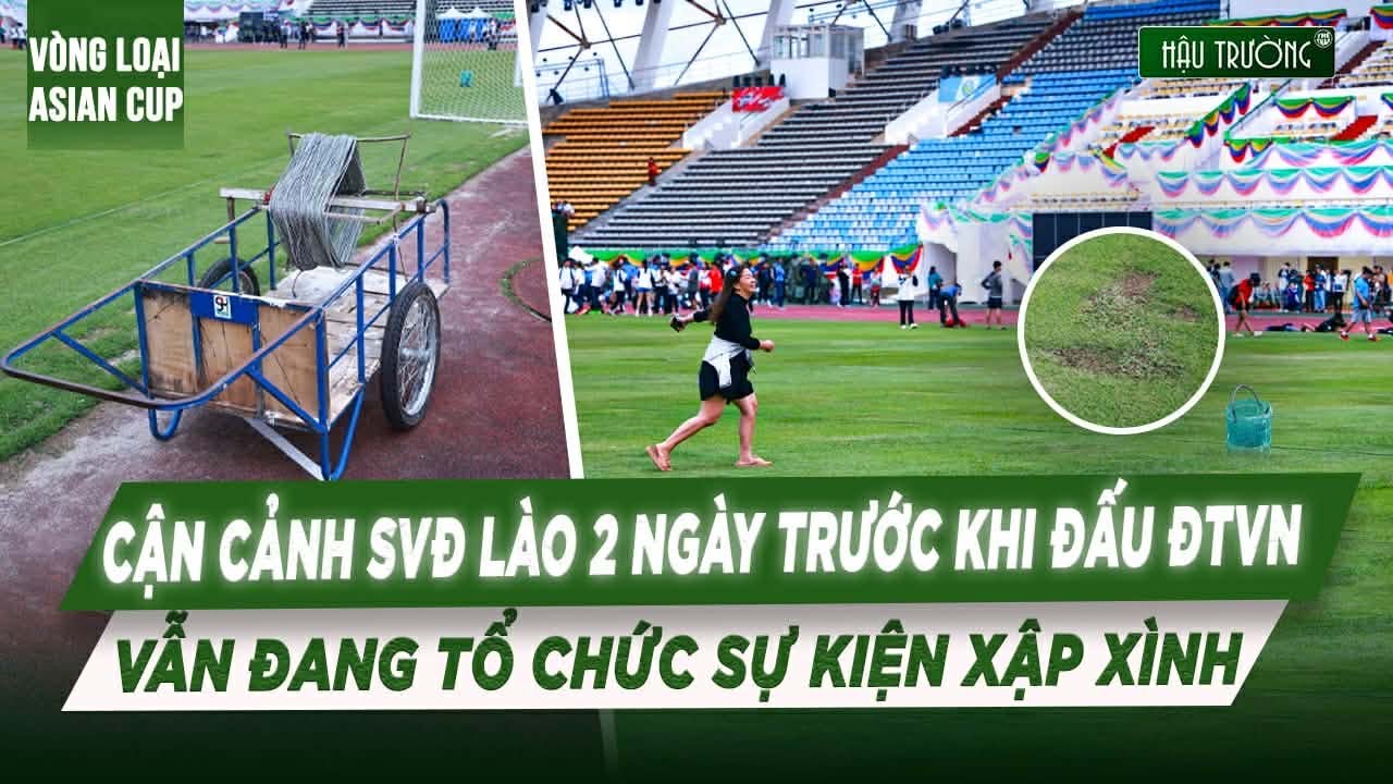 Cận cảnh SVĐ Lào trước khi đấu ĐTVN: Nhiều ổ voi, người lạ thoải mái giẫm lên mặt cỏ thi đấu