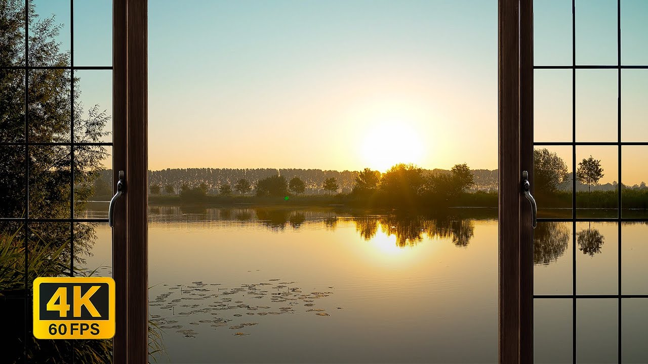 4K Lake window view during sunrise - Relaxing, Calming, Ambience