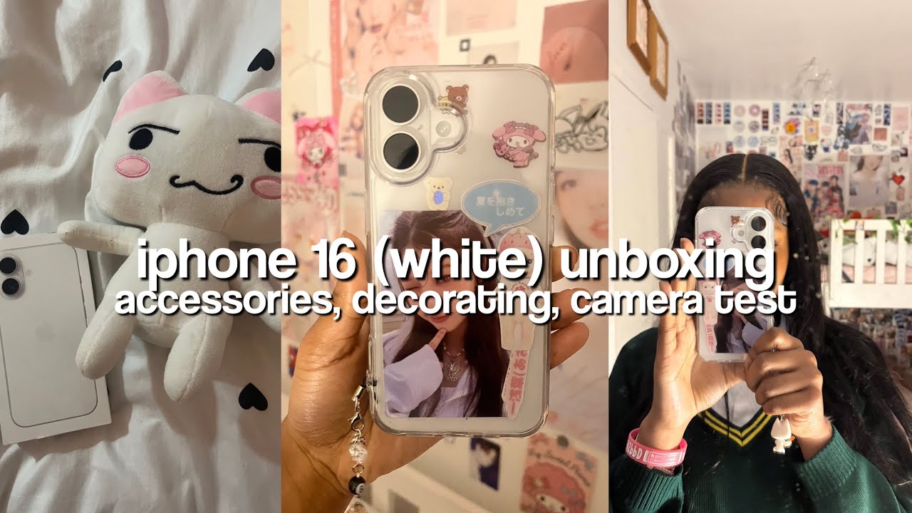 iphone 16 (white) unboxing🪽🤍; new phone, decorating, new apple features