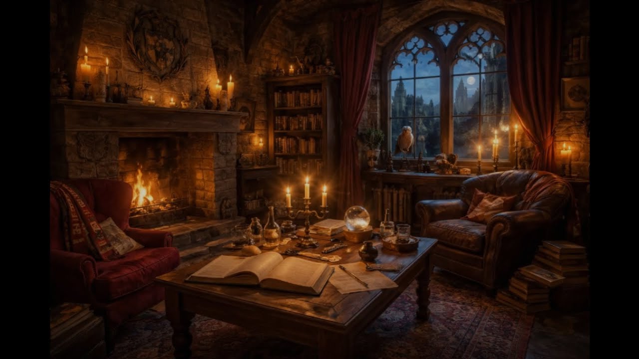 Midnight at the Wizard's Sanctuary 🦉 2.5 Hours of Magical Fireplace & Winter Night Ambience