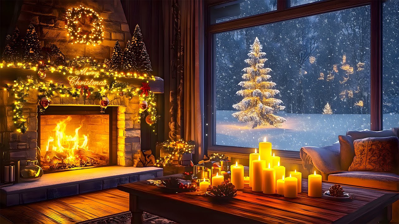 Beautiful Christmas Ambience with Relaxing Fireplace🎄🔥Snow Falling Outside The Window❄️