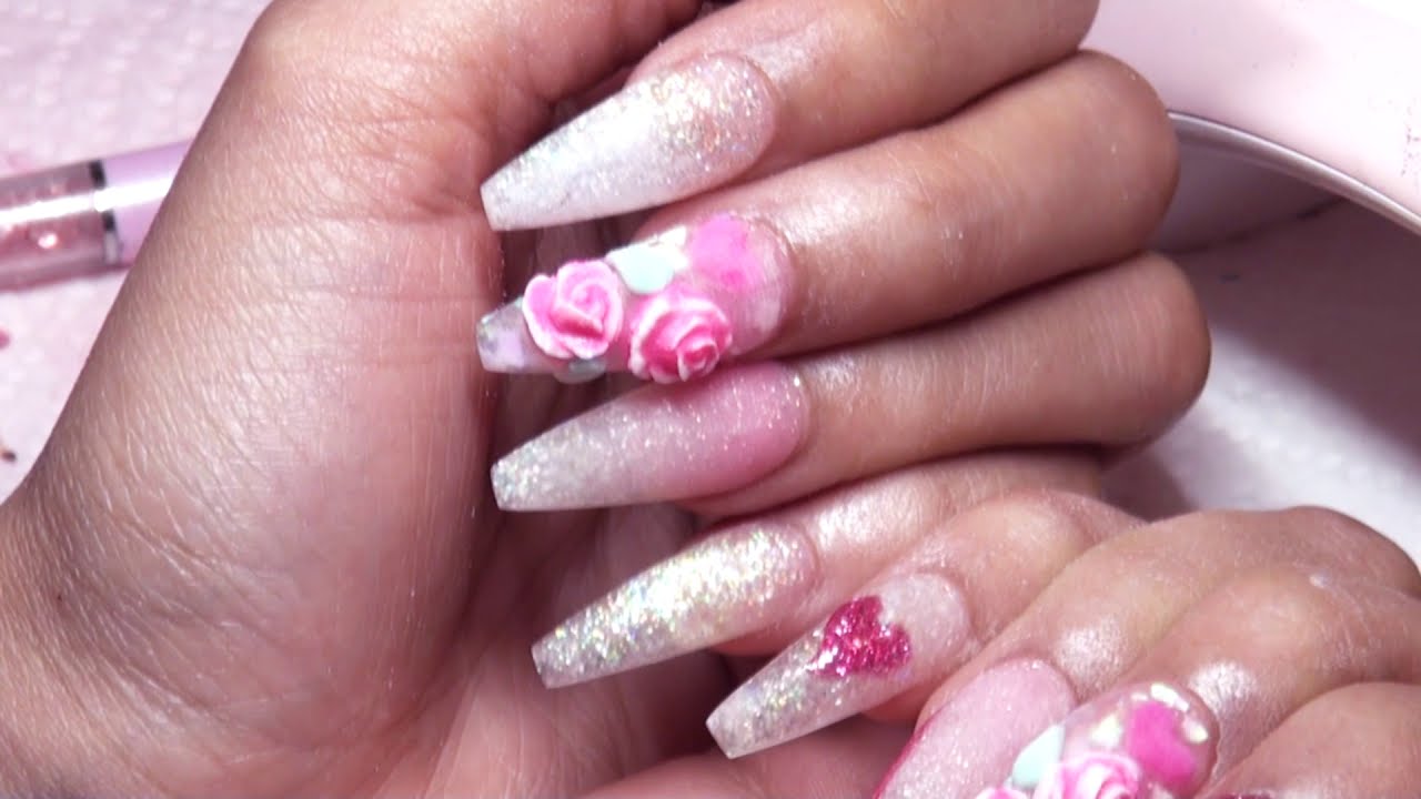 Pink Hearts, 3D Roses & Big Bling Acrylic Nails