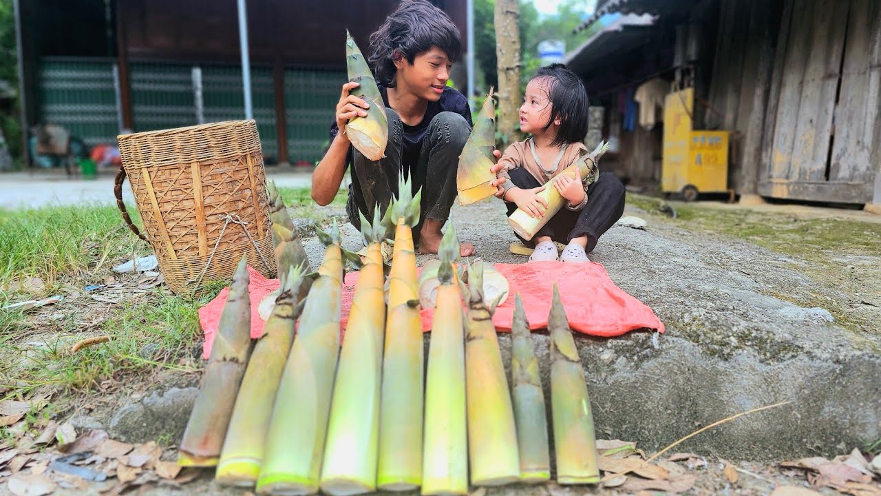 Homeless orphan boy and abandoned baby harvest GIANT BAMBOO SPROUTS to sell for food