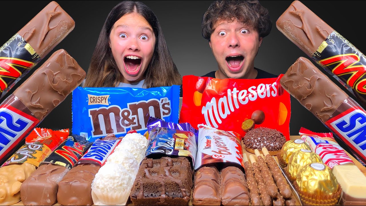 ASMR OUR FAVORITE CHOCOLATE DESSERTS (KINDER, MALTESERS, SNICKERS) MUKBANG EATING SOUNDS 먹방
