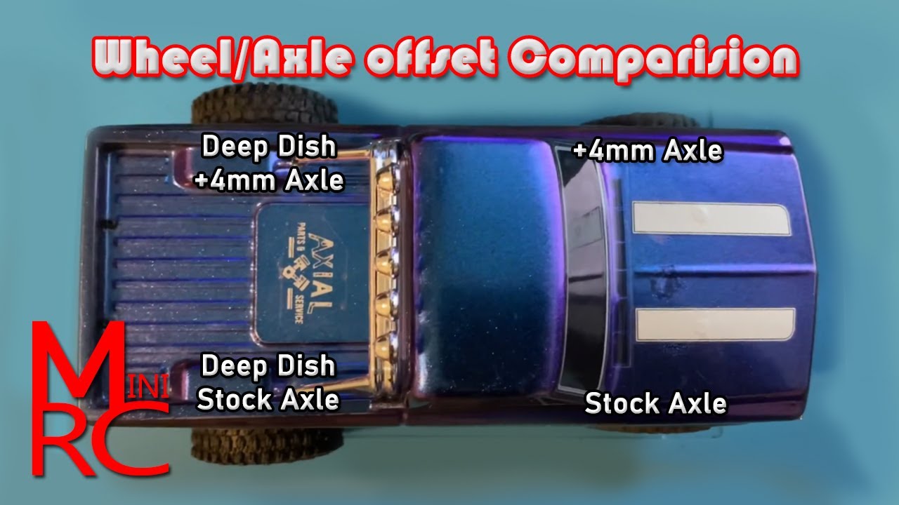 SCX24 - Wheel offset comparison between stock, +4mm axles, deep dish wheels and then both!