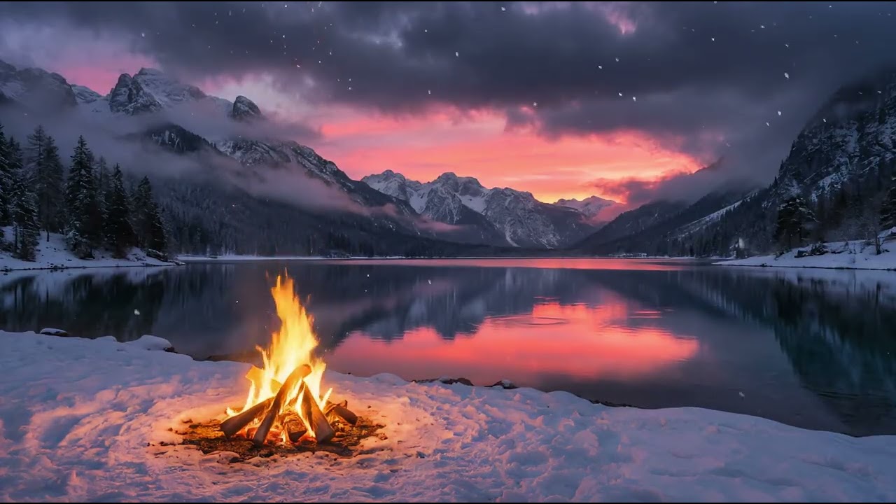 Mountain Lake Campfire at Sunset 🔥 | Calm Fire Sounds, Alpine Afterglow Ambience