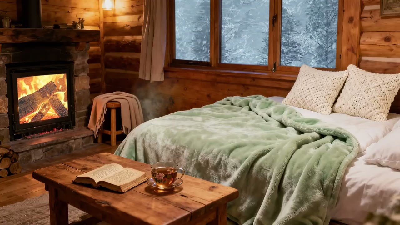 温暖小屋度过一个安静夜晚，听着柴火和风雪声入眠