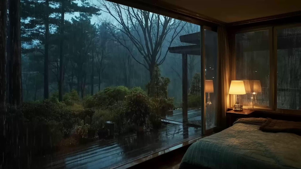 4K Night Rain with Jazz Music and Soft Jazz Rain on Window 🌌 Cozy Room Focus & Relax Mood