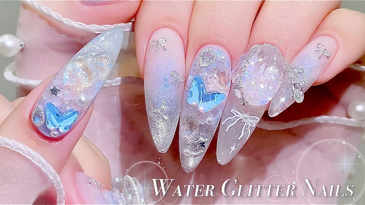 sub) Ногти с синей сердцевиной!🦋🫧/🇰🇷Корейские ногти / Сделайте искусство с водными блестками!🙋🏻‍♀️
