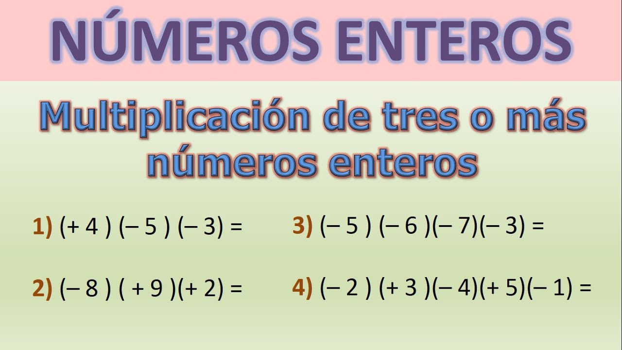 Multiplicación de tres o más números enteros - Multiplicación de números enteros positivos negativos