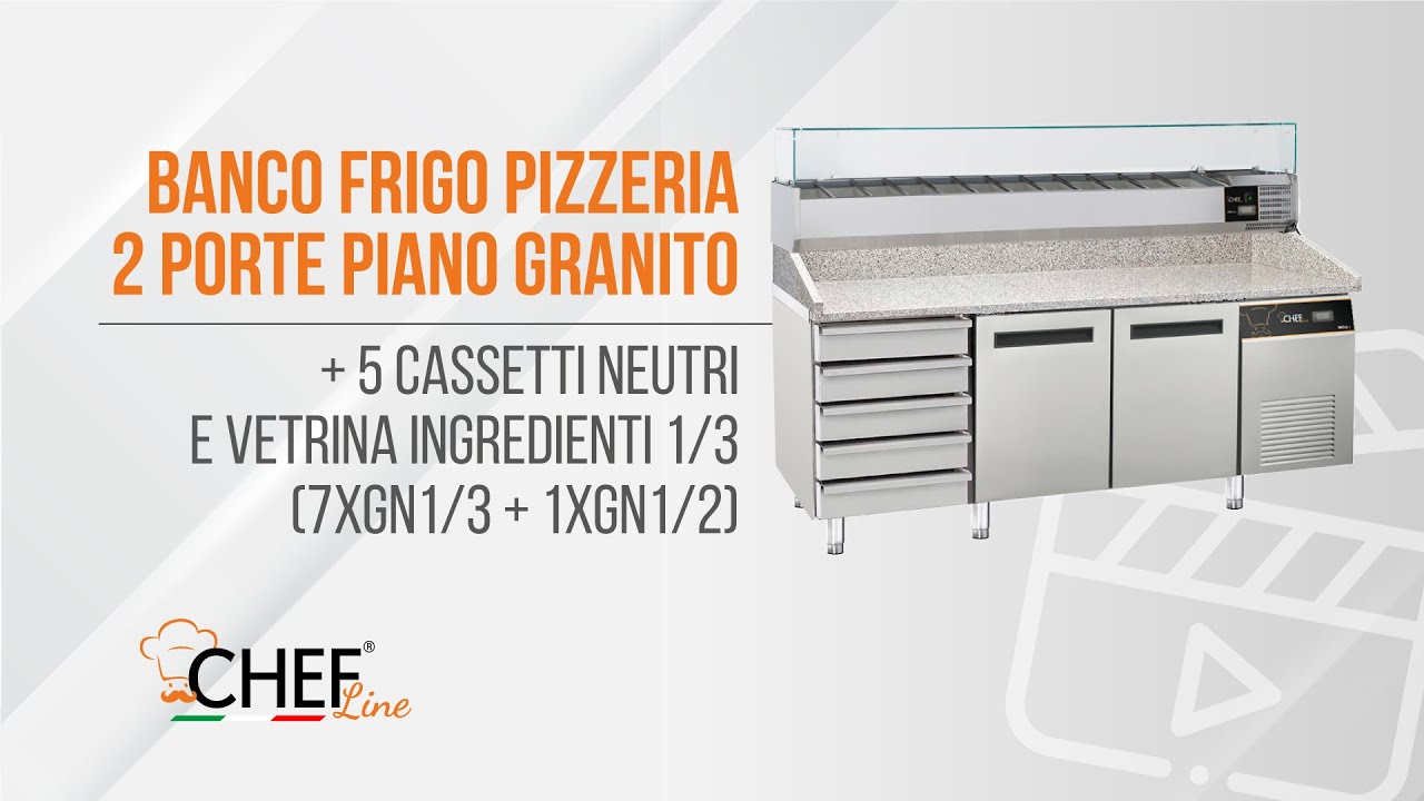 Banco Pizzeria 2 Porte + 5 Cassetti Neutri e Vetrina Ingredienti Mod. CHPZ2P+C+CHVI2038 - Chefline