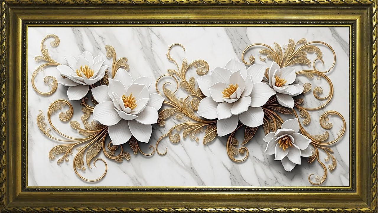 TV Frame Art | Luxury Nature-Inspired Floral Elegance ✨ | White Ceramic Flowers & Golden Stamens 4K