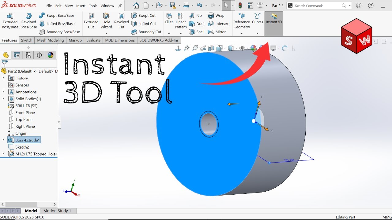 Как использовать инструмент Instant3D для редактирования элементов деталей Solidworks