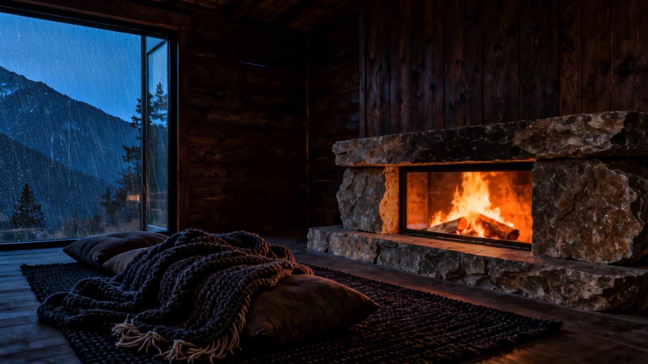 Cozy Fireplace Crackling with Rain & Thunderstorm | Quiet Mountain Cabin Night for Sleep & Relax