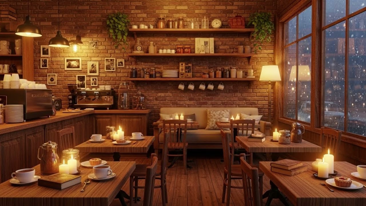 4K Coffee Shop Music, with Snow, Jazz Music for Relaxing, Studying and Working
