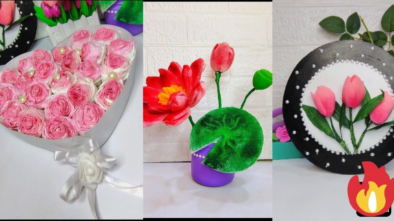 AmAzing DIY Flowers 3 Ways:Tissue Paper Rose, Sponge Paper Lotus & Clay Tulip🌹🪷🌷 #diycraft #diy #art
