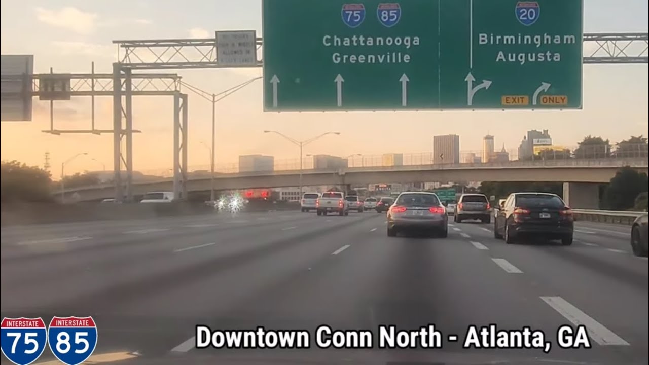 I-75/85 - Downtown Connector North - Atlanta, GA - 4K Sunset Highway Drive