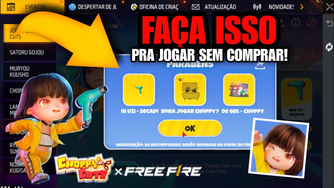 URGENTE! COMO JOGAR CHOPPY CUTS GRÁTIS E PEGAR AS RECOMPENSAS - NOVIDADES FREE FIRE!