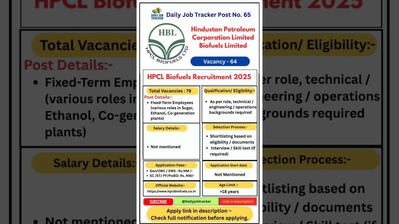HPCL Biofuels Recruitment 2025 II Non-Management, Seasonal roles #shorts #dailyjobtracker #job
