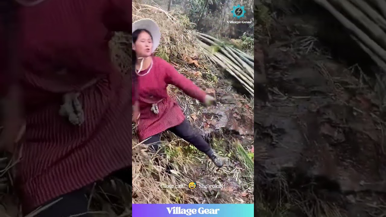 Bamboo Boss Lady! 💪 Slippery Slope Can't Stop Her Grind! #bambooharvest #strongwomen #farminglife