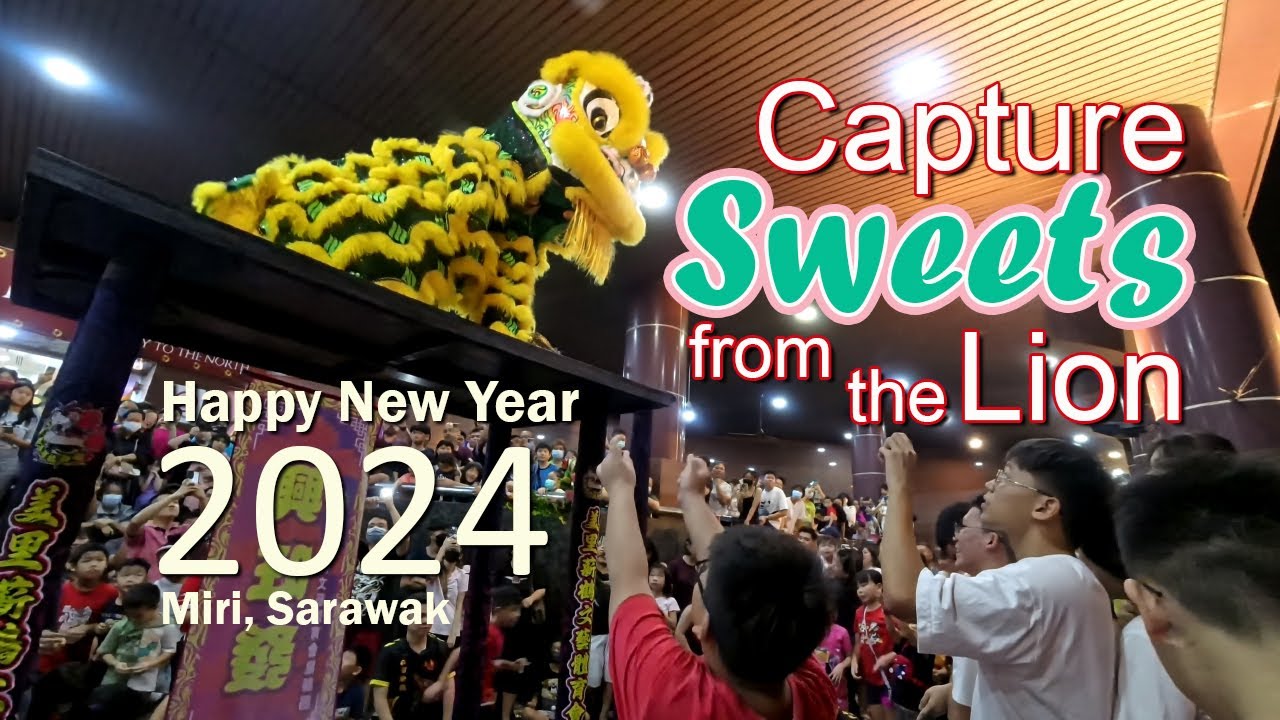 Boulevard Shopping Mall celebrating New Years 2024 with lion dance and firework, Miri, Sarawak,