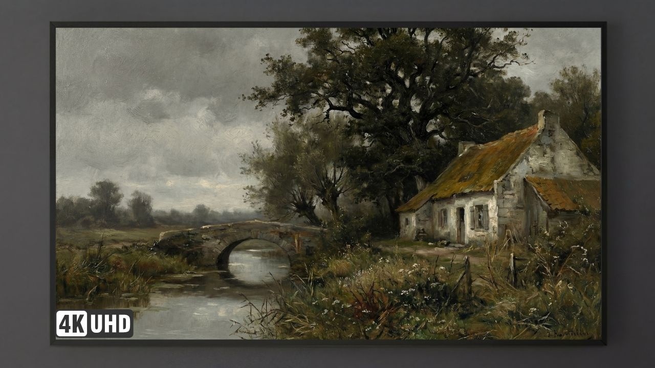 Moody Vintage Countryside Landscape Art for Your TV | Rustic Cottage, Stone Bridge & Calm River