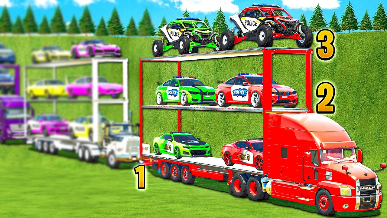 TRIPLE TRAILER MEGA TRANSPORT OF COLORS! POLICE CARS, DODGE, NISSAN & POWER TRUCKS! FS 25